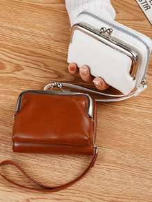 女士短款PU皮钱包，拉链按扣多功能大容量零钱包卡包，轻巧时尚现代商务拉链钱包，信用卡夹，商务休闲教师节礼物、周年纪念礼物、生日礼物，OL腕包，女士小钱包 - 酒紅色 - 查看 11