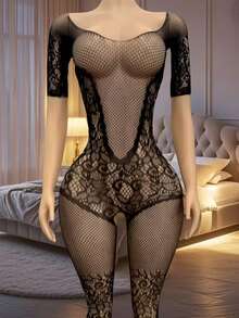Ladies' Erotic Clothing, Lace Long Sleeved Jacquard Seduction Net Clothes, No Detachment Gear, Erotic Jumpsuit, See Through Fishing Net Jumpsuit, Socks
