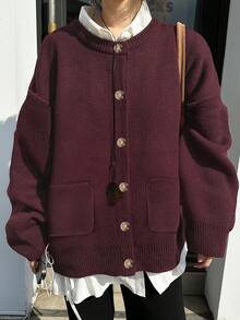 女士纯色休闲长袖开衫，带口袋和纽扣设计，非常适合街头穿搭，也适合秋冬季的办公室、教师、感恩节和圣诞节等场合。 - 酒紅色 - 查看 7