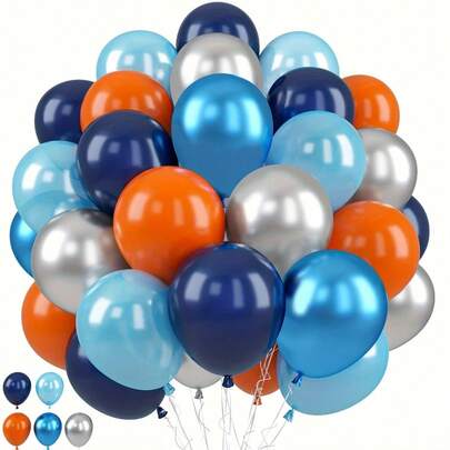 50-Pack Engagement Party Balloons - Metallic Silver, Navy Blue, Light Blue & Orange, Round Latex Balloons For Birthdays, Mother's Day, Graduation, Seasonal Celebrations, 14+ Years