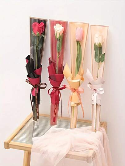 50-Piece Waterproof Plastic Rose Bags | Wedding And Party Single-Stem Bouquet Wrapping Bags | Rose Wrapping Bags (White, Pink, Red, Black).