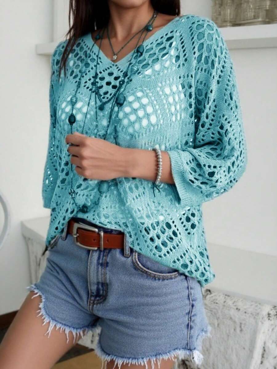 Plus Size Summer Vacation Hollow Out Loose Knit Pullover - Blue - View 1