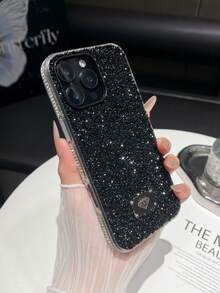 1pc Black Rhinestone Edged Shockproof Bling Phone Case Suitable For IPhone 17/16 Pro Max/13/14 - Black - View 3