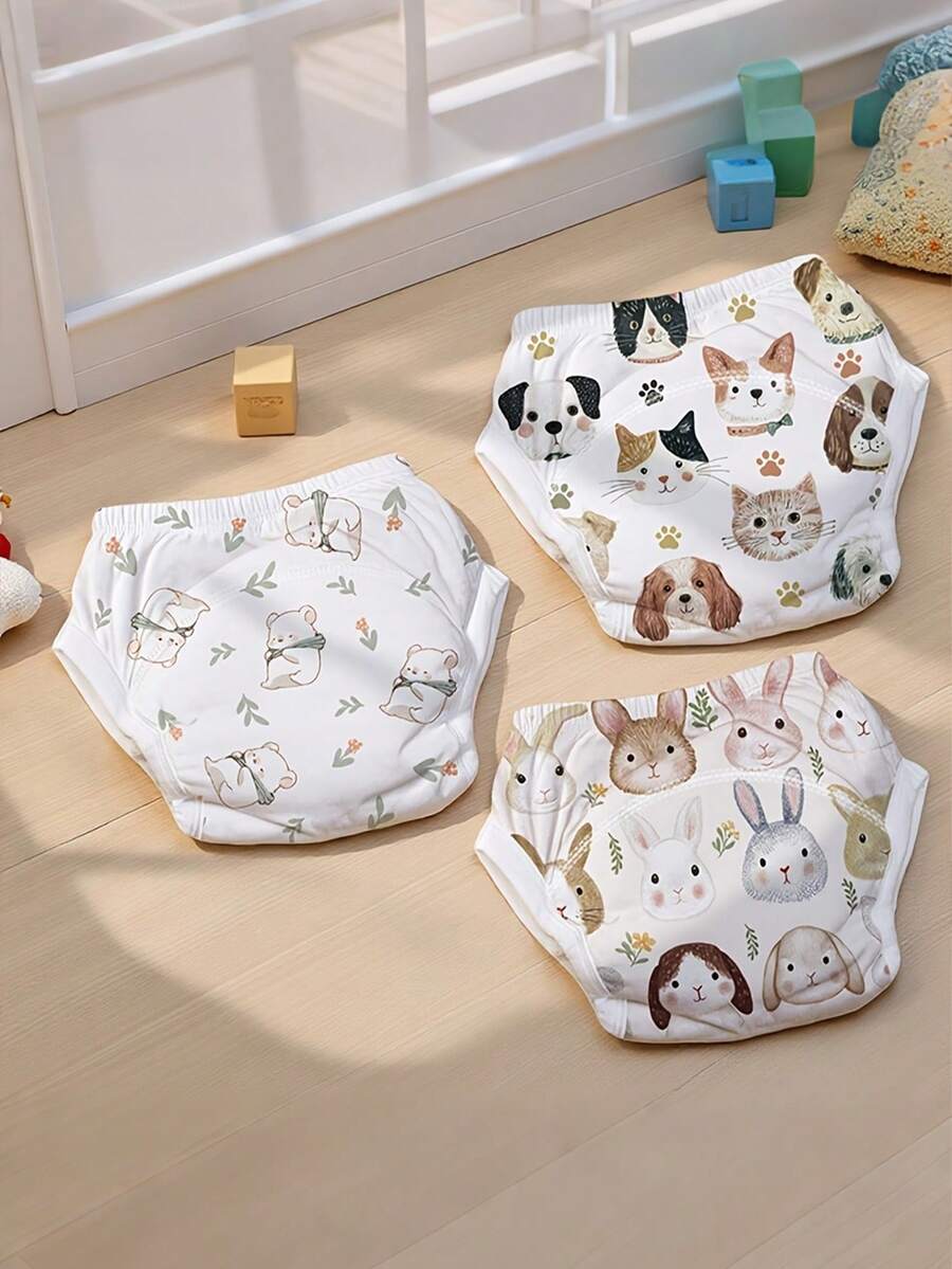 3条装可重复使用婴儿训练裤 - 可爱印花图案，防漏，可水洗，弹性腰带，四季皆宜，婴儿内裤，活泼幼儿服装，舒适贴合，婴儿学习训练裤，男女宝宝均适用