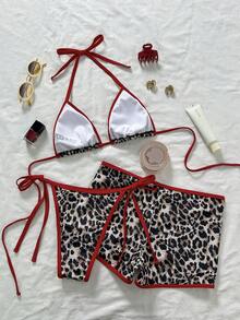 3 piezas Conjunto de bikini de mujer con estampado de leopardo y lazo rojo, traje de baño sexy con cuello de halter para playa, vacaciones y viajes - Rojo + estampado de leopardo - Ver 2