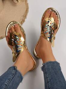 1 Pair Women's Flat Sandals, New Summer Style, Leather T-Strap Thong Slippers, White & Gold Fashion Open Toe Butterfly Vacation Style Slide Sandals - Gold - View 3