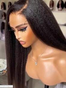 自然黑 30 英寸 180% 密度 13*4 全蕾丝前额无胶假发，真人发混纺，隐形绑带，预剪裁，预拔毛，漂白发结，蕾丝卷曲直发蕾丝前额假发，带抽绳，自然发际线，无胶假发，8-36 英寸 - 自然色&黑色系 - 查看 4