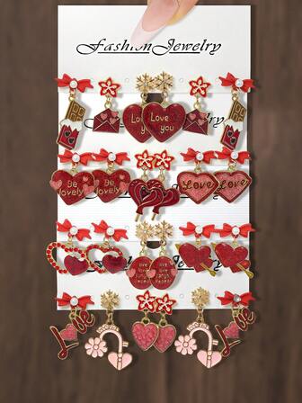 Set de 6 piezas de aretes de moda para mujer para el Día de San Valentín y el Día de la Madre, aguja de plata S925 con estilo francés retro, lujo con brillantes de cristal en forma de lágrima, corazón y lazo