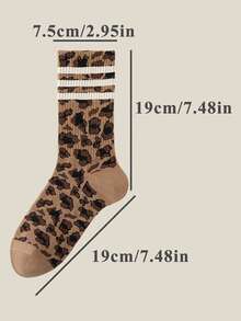 4 Pairs Retro Striped & Leopard Print Mid-Calf Socks, Versatile & Sock Combo - Multicolor - View 7