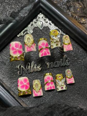 10pcs Acrylic Short Duck Nail Kit,Apricot Nail Art,Gold French,3D Three Dimensional Color Diamonds&Pearls&Butterflies Nail Accessories Decoration,Handmade Chrome Nail Powde&Geometric Pattern,Hand Drawn Pink Flowers Design,Suitable For Girls Y2k Style Nail Set,Suitable For Girl And Women Parties,Festivals,Daily Wear Making It A Great Gift(Includes:A Piece Of Jelly Glue And A Friction Strip)