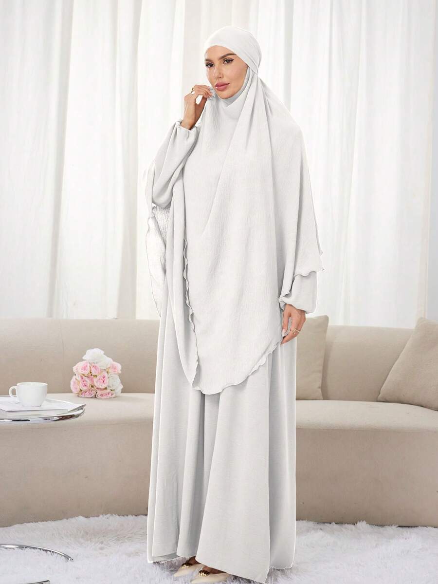 2pcs Set (Khimar + Abaya) Solid Color Muslim Prayer Outfit, Convenient Zipper Long Robe Abaya With Matching Hijab Headscarf, Casual Outdoor Essential Fashion Prayer Jilbab, Women's Abaya Robe, Abayas For Muslim Women - Multicolor - View 1