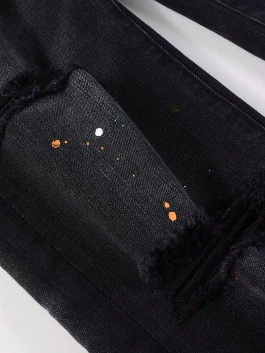 2026 New Hot  Purple American Style Men Jeans High Street  Slim Fit Stretch Black Ripped Skinny Pants Fashionable - 黑色 - 查看 1