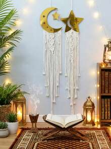 1 pezzo/2 pezzi Appendiabiti da parete intrecciato a forma di luna e stelle, decorazione da parete in macramè bohémien con lunghi nappine, elegante opera d'arte da parete per la casa, sfondo per feste e festival, creatore di atmosfera zen, pendente da parete per camera da letto, soggiorno e ingresso in stile fattoria, decorazione per vacanze, regalo di arredamento per la casa - Multicolore - Visualizzare 6