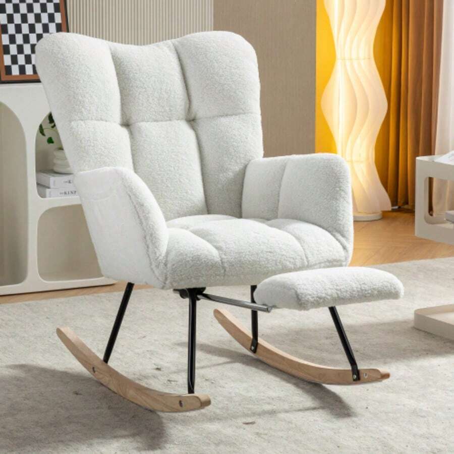 009B New Upholstered Rocking Chair In Woven Teddy Fabric With Retractable Footrest, White - White - View 1