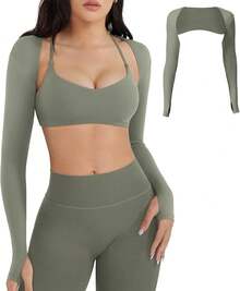 Women Crop Top Long Sleeve Bolero Open Front Workout Cropped Shirts Sports Shrug - 卡其色 - 查看 1