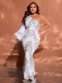 大码亮片装饰单肩长款喇叭袖晚礼服（随机花卉图案，前后图案不匹配） - 白色 - 查看 5