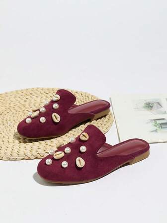 Kids/Youth Elegant Fashion Cute Pearl Shell Slip-On Flats, Comfortable Non-Slip Soft Bottom Closed Toe Sandals For Girls, Suitable For Indoor, Outdoor, Party, All Seasons