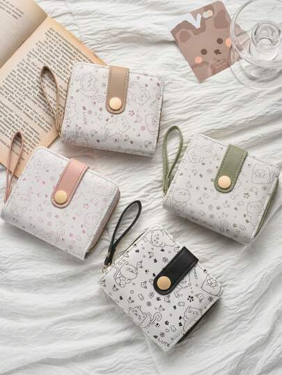 1 pièce Portefeuille court pour femme avec imprimé chat de bande dessinée, porte-cartes à fermeture éclair pliable, porte-monnaie à plusieurs compartiments, organisateur de cartes, grande capacité, étui à cartes portable, porte-cartes court biface, porte-monnaie, porte-pièces, porte-cartes multifonction, convient pour les voyages à l'étranger et les déplacements quotidiens, cadeau pour les amis, sœurs et petites amies