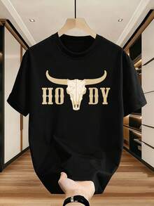 Schwarzes T-Shirt mit Kuhsch?del-Print aus Premium-Baumwolle, bequeme Passform, Streetwear- und Hip-Hop-Stil, auff?lliger Print, Neuheit - Schwarz - Übersicht 2