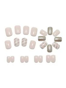 Bộ 24 móng tay giả vuông bằng acrylic ngắn, móng tay giả màu vàng kim tuyến với họa tiết sọc đơn giản, kim tuyến trang trí móng tay. Bao gồm: 1 lọ keo dán và 1 dũa móng, thích hợp cho công việc hàng ngày, các bữa tiệc ngày lễ và các dịp khác dành cho phụ nữ và bé gái. - Màu be - Xem 2