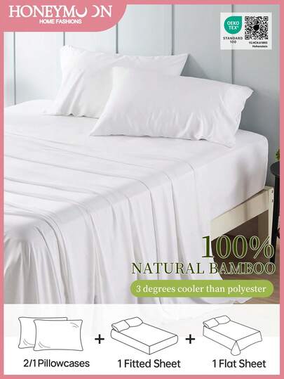 3/4pcs Bamboo Fiber Cooling Bedding Set, Made Of 100% Natural Organic Bamboo Viscose, Luxurious Soft & Cool Touch, Breathable & Comfortable. Set Includes: 1 Bed Sheet + 1 Fitted Sheet + 1/2 Pillowcases, Deep Pocket Design Fits Twin, Full, Queen, King Size Beds, Suitable For Home & Dorm, Oeko-Tex Certified.