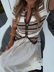 2pcs 2026 Summer Y2K Style Brown Striped Crop Top. Casual Fitted Versatile, Can Be Paired With Swimwear, Suitable For Beach, Outings, Office And Other Occasions - Multicolor - View 4