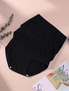 6条装加大码女士高腰塑形内裤，舒适弹力柔软针织面料，简约设计纯棉内裤，黑色 - 黑色 - 查看 3