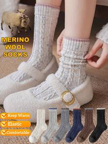 1/2/3/5 双装美利奴羊毛袜，冬季保暖袜，撞色女士中长袜，秋冬季加厚袜