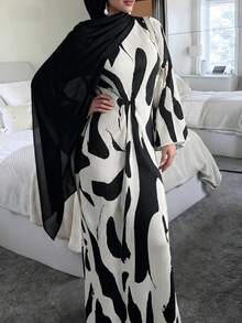 Color Block Knot Ruffle Hem Slit Arabian Beach Dress - Black and White - View 6