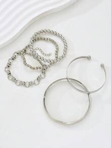 5pcs Fashionable Exaggerated Minimalist Vintage Coin Design Layered Chunky Chain Beaded Bracelet Set, Smooth Bangle Cuff Suitable For Date, Vacation, Daily Wear, Party, Wedding, Birthday Gift For Women - Silver - View 7