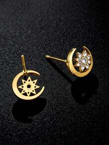 一对优雅星月耳钉，镶嵌立方氧化锆，铜合金材质，时尚饰品耳环配件，适合女性佩戴 - 彩色 - 查看 6