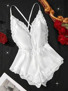Valentine's Day Surprise Gift - Satin Lace Trim Sexy Bodysuit, Deep V-Neck Sexy Lingerie, Adjustable Spaghetti Straps, Criss-Cross Back Design - White - View 6