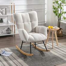 009 Mid Century Modern Rocking Chair In Teddy Fabric With Tufted Cover, Padded Seat For Living Room And Bedroom, White - White - View 1
