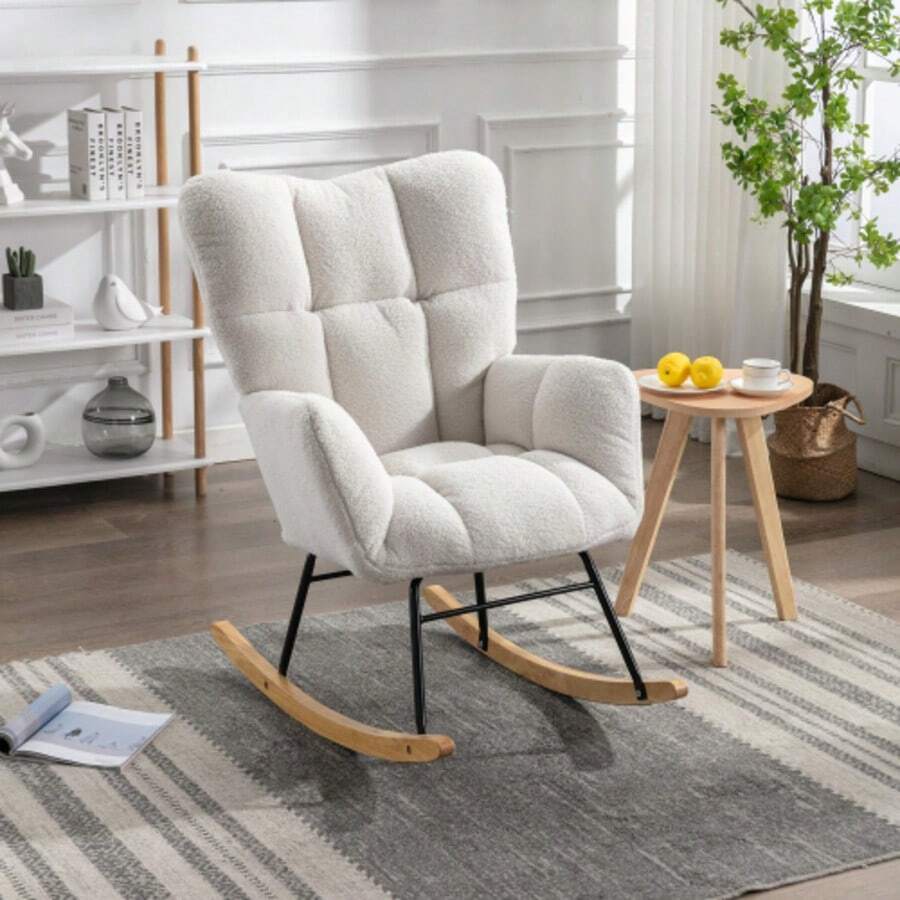 009 Mid Century Modern Rocking Chair In Teddy Fabric With Tufted Cover, Padded Seat For Living Room And Bedroom, White - White - View 1