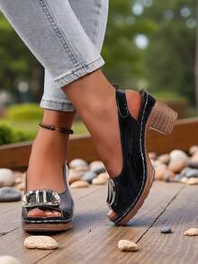 Sandal Hak Tinggi Musim Panas Wanita, Tali Pergelangan Kaki yang Dapat Diatur, Ujung Terbuka, Dekorasi Gesper Logam Gaya Preppy, Hak Tinggi Pesta Bertabur Berlian Imitasi - Hitam - View 3