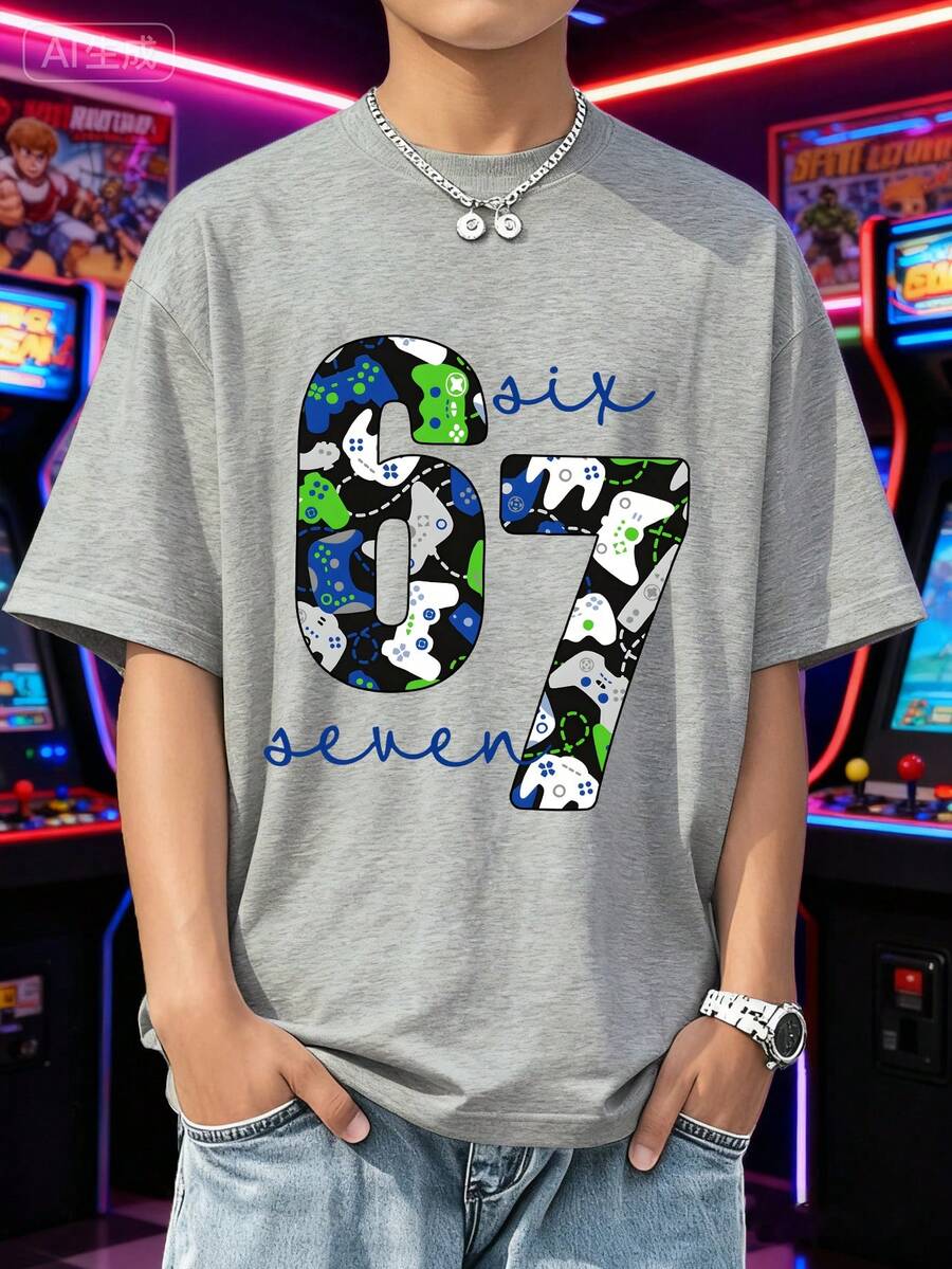 1pc Tween Boys' Funny Playstation 67 Graphic Round Neck Short Sleeve T-Shirt, 67 Number Design - Casual Streetwear Tee, Suitable For Spring/Summer Everyday Wear, Parties And Social Gatherings - Humorous Teenager Boys T-Shirt - Grey - View 1