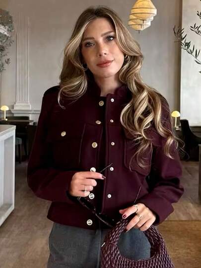 TRAFZA 女士仿羊毛面料金属纽扣夹克休闲优雅纯色上衣
