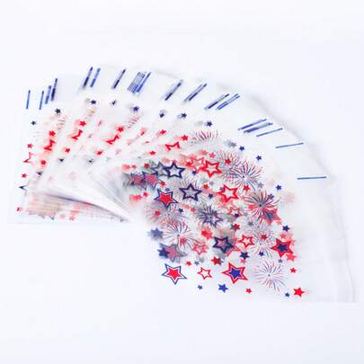 50 túi đựng quà - Họa tiết ngôi sao xanh đỏ, pháo hoa và kẹo, túi nhựa trong suốt 10x10cm có sọc xanh, lý tưởng cho các bữa tiệc và quà tặng Ngày Độc lập, đồ dùng trang trí tiệc Ngày Độc lập | Trang trí chủ đề yêu nước | Túi nhựa bền, quà tặng yêu nước