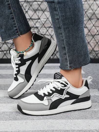 百搭中性色，白色、灰色和黑色撞色设计，复古休闲风格，时尚男女通用运动鞋，城市训练鞋系列，适合通勤、健身、旅行，运动鞋款式，圆头，低帮，透气，多功能，节日礼物，女士运动鞋