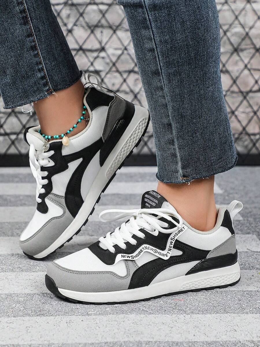Versatile Neutral Colors, White, Gray And Black Contrast Design, Retro Casual Style, Unisex Sports Shoes, City Training Shoes Series, Suitable For Commuting, Fitness, Travel, Sneaker Style, Round Toe, Low-Top, Breathable, Multi-Function, Holiday Gift, Women Sports Shoes - White, Gray, Black - View 1