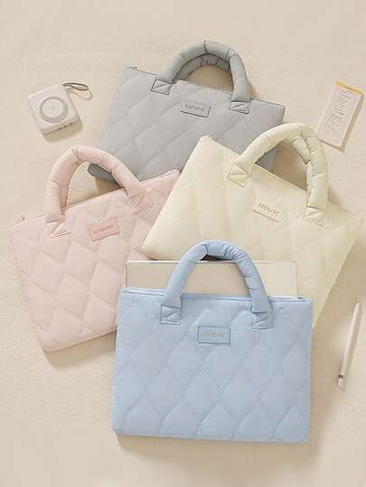 时尚笔记本电脑包，绗缝设计，便携式旅行电脑收纳包，马卡龙色平板电脑包，纯色平板电脑收纳包，大容量旅行平板电脑手提包，多口袋设计，可收纳充电线、移动电源、手写笔和鼠标，笔记本电脑保护套，旅行必备，商务旅行必备，学习用品，办公用品