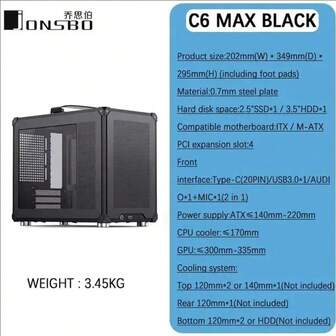  JONSBO C6 MAX White Portable Small Case MATX Computer Chassis With Glass Side Panel, Mini Convenient Desktop ITX Compact Desktop, Supports Type-C Interface, C6 MAX Black Supports MATX Motherboard/ATX Power Supply