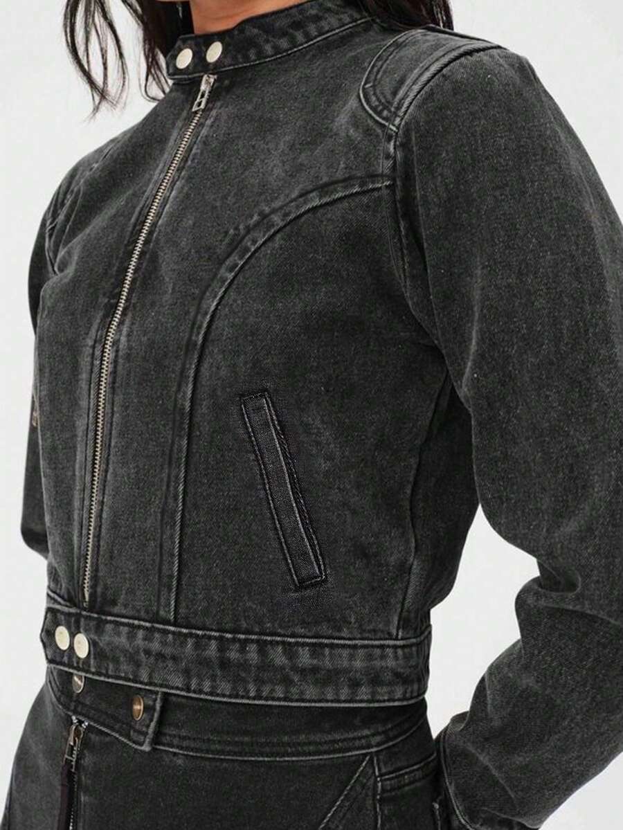 1pc Solid Color Denim Zip Pocket Denim Jacket, Cropped Length, All Cotton Vintage Washed Distressed Motorcycle Style, Suitable For Y2K, Daily, Birthday Party, Back To School Party, Stage And Concert, Spring/Summer/Autumn/Winter - Black - View 1