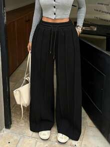 2026 Spring/Summer Women's Black Wide Leg Casual Sweatpants, Drawstring Waist, Side Pockets, Loose Fit - Black - View 4