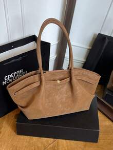 Dedoo 1pc FEISTURE Faux Suede Tote Bag, Large Capacity Solid Color Mature Elegant Women Handbag, Vintage Style Work Bag Suitable For Girls, Ladies, College Students, Office Workers, Newest Fashionable Suede Bag For Women, New Fall Fashion 2025 For Women - Brown - View 7