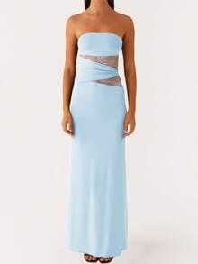 Women's Elegant Strapless Tube Dress Y2K Lace Patchwork Backless Maxi Dress Sheer Long Bodycon Formal Dresses For Wedding Cocktail Clubwear - 藍色 - 查看 2