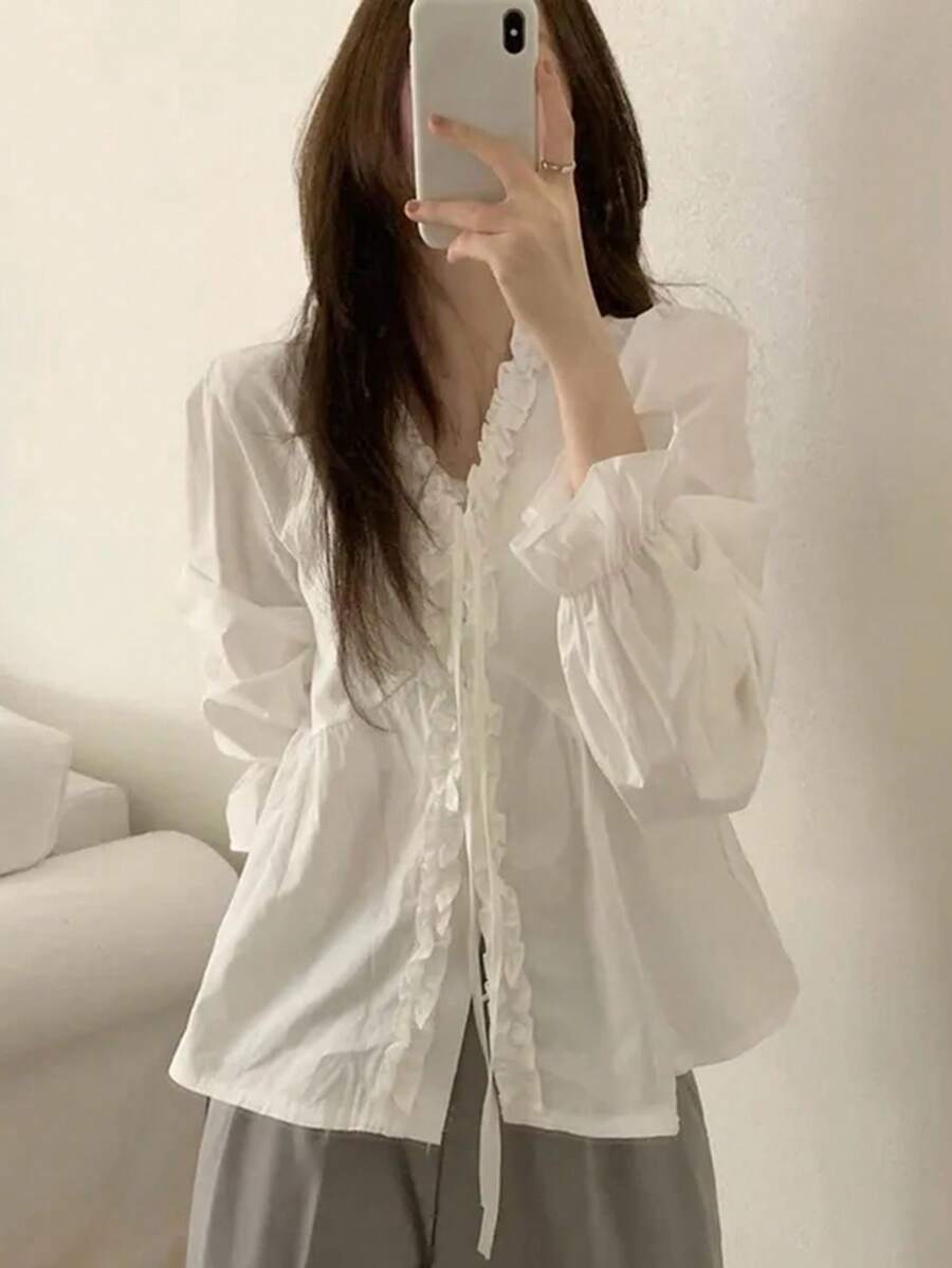 Korean Style Gentle & Youthful Fashion Ruffle V-Neck Bow Long Sleeve Unique Blouse Top - White - View 1