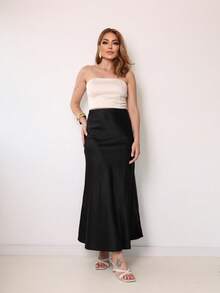 Women's Long Satin Skirt, High Waist. - 黑色 - 查看 4