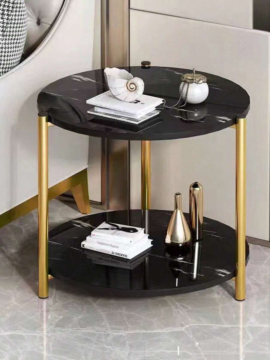 Mesa de centro Mesa auxiliar redonda con diseño de mármol, mesa auxiliar moderna y sencilla junto al sofá, soporte de almacenamiento de 2 niveles - Negro - Ver 1