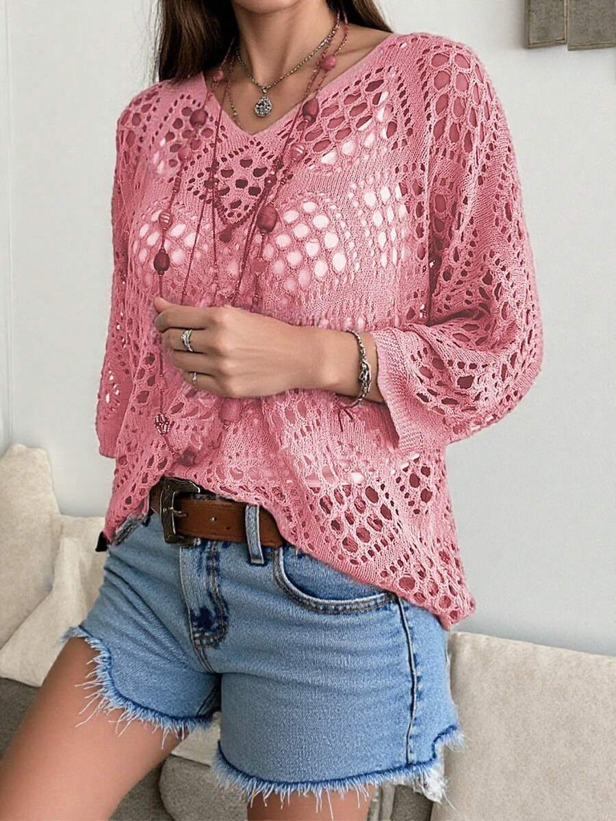 Plus Size Summer Vacation Hollow Out Loose Fit Pullover Knit Sweater - Pink - View 1